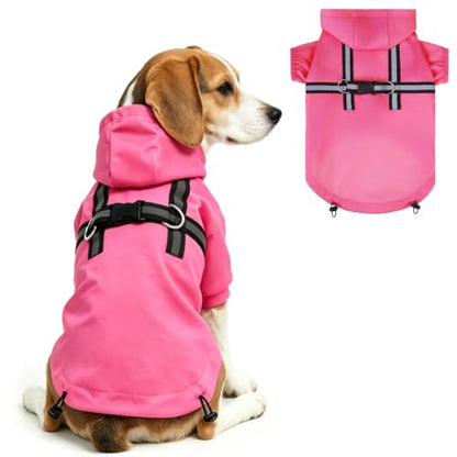 PUPTECK Dog Raincoat with Hood & Harness Built-in, Waterproof Dog Rain Jacket Slicker Poncho Reflective Vest Clothes for Rainy Snowy Winter Cold Days, Fuschia M - color: Fuschia, size: M (Back 15", Chest 22.5", Neck 16")