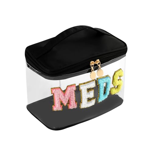 uekeboag Chenille Letter MEDS Clear Medicine Makeup Bag(04Black) | Personalized Transparent Large Waterproof Nylon Cosmetic Storage bag with Top Handle, Meds First Aid Travel Organizer Bag - color: 04Black-Meds