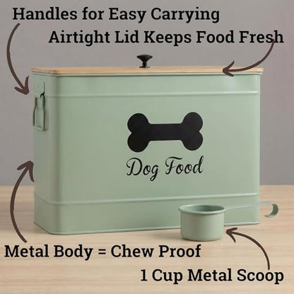 Metal Dog Food Container 15-20 lbs w/ Airtight Bamboo Lid, 70 Cup Capacity - color: Sage Green