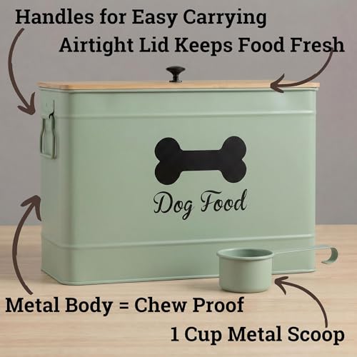 Metal Dog Food Container 15-20 lbs w/ Airtight Bamboo Lid, 70 Cup Capacity - color: Sage Green