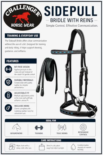 CHALLENGER Leather Turquoise BuckStitch Bitless Sidepull Bridle Reins 7714 - color: Black/Turquoise, size: Cob Size