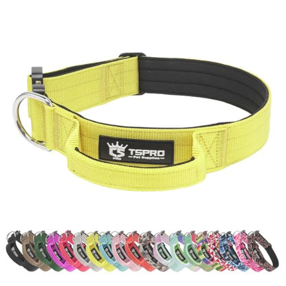 TSPRO Heavy Duty Tactical Dog Collar Quick Release Metal Buckle with Handle | Premium Dog Collar, Military Nylon, 1.25 Inch Wide, Soft Padded, Thick, Durable, Adjustable for Medium Dogs (Yellow M) - color: Basic Yellow, size: M, Handle Style, Neck 14.5"–1