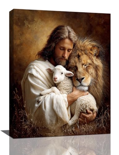 Jesus Lion Lamb Wall Art Christian Jesus Wall Decor Lion of Judah Pictures Religious God Canvas Painting Print Christ Artwork Decoration for Living Room Bedroom Church Framed Gifts 12”X16” - color: Jesus Lion and Lamb, size: 16"L x 12"W