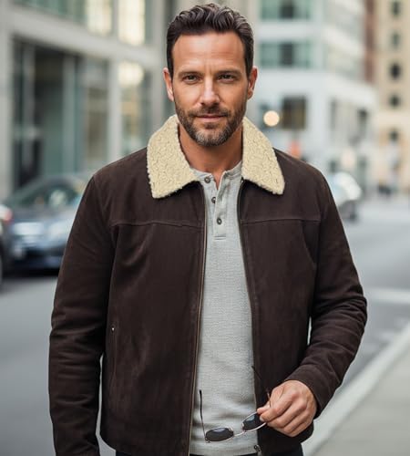 Men's Rick Western Brown Suede Leather Jacket with Sherpa Shearling Collar | Full Zip Front, Snap Cuffs, Polyester Lined, Zip Waist Pockets, Genuine Suede Leather, Cowboy Trucker Design - color: Brown, size: Large