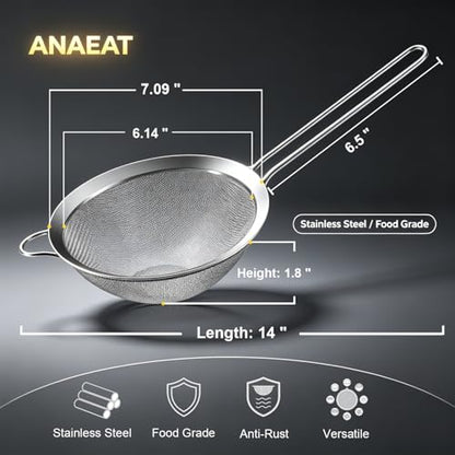Anaeat Fine Mesh Strainers - Premium Stainless Steel Colander Sieve Sifters, with Durable Mesh and Sturdy Handle, Excellent for Sifting Dry ingredients, Flour, Pastas, Rice, Tea (7.09"） - color: 7.09" Diameter