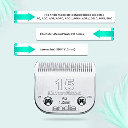 Andis 64072 UltraEdge Detachable Blade – Carbon Steel Pet Clipper Blade, Professional Grooming Performance - style: 15 Blade (Pack of 1)