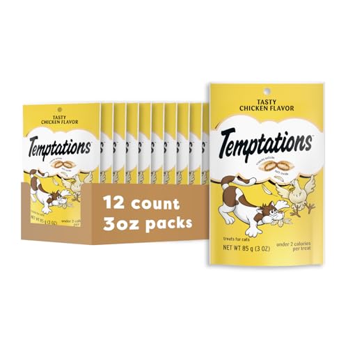 Temptations Classic Crunchy and Soft Cat Treats, Tasty Chicken, 3 oz, 12pk | Under 2 calories per treat, crunchy outside & soft inside, 100% complete & balanced, resealable pouch, meal or food topper - size: 3 Ounce (Pack of 12)