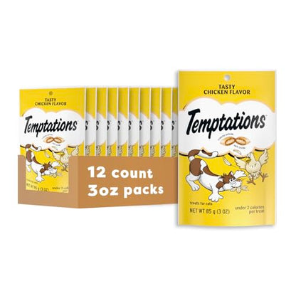 Temptations Classic Crunchy and Soft Cat Treats, Tasty Chicken, 3 oz, 12pk | Under 2 calories per treat, crunchy outside & soft inside, 100% complete & balanced, resealable pouch, meal or food topper - size: 3 Ounce (Pack of 12)