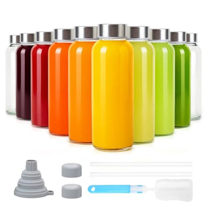 Sursip 10 oz Glass Juice Bottles, 10 Pack, Leakproof Stainless Lids - color: Silver lid- 10 pack, size: 10 OZ