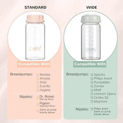 COMI Natural Glass Baby Bottle,Standard Neck Breastmilk Storage Bottle for Fridge,Breast Milk Container,Breast Pump Bottle Compatible with Medela Breast Pump,BPA Free,2PCS (5oz,2 Pink Lids) - style: 2Pink