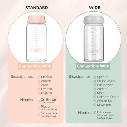 COMI Natural Glass Baby Bottle,Breastmilk Storage Bottle for Fridge,Breast Milk Container,Breast Pump Bottle Compatible with Medela Breast Pump,BPA Free,2PCS (5oz,2 Gray Lids) - style: 2Gray