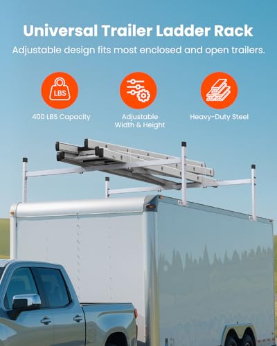 Ladder Rack for Trailer, Adjustable Roof Ladder Rack, 400 lbs Capacity | 5.77-8.65 ft Adjustable Length, Heavy-Duty Steel, Stopper Design, Fits Enclosed and Open Trailers, Sliver - color: Sliver
