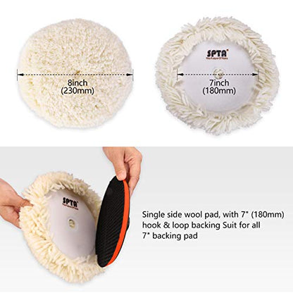Wool Polishing Pads, SPTA 8"(200mm) 100% Natural Wool Buffing Pad with Hook & Loop Backing 4pcs Set Come with 5/8-11 Thread Backing Plate for Car Polishing, Buffing and Cutting - size: 8inch (200mm)