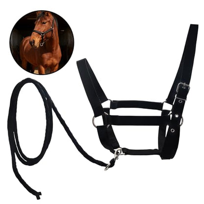 Adjustable Nylon Horse Halter & Matching Lead Set for Horses - color: BLACK