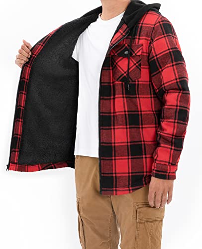 ZENTHACE Men's Sherpa Lined Full Zip Hooded Plaid Shirt Jacket - color: Red Black, size: Small
