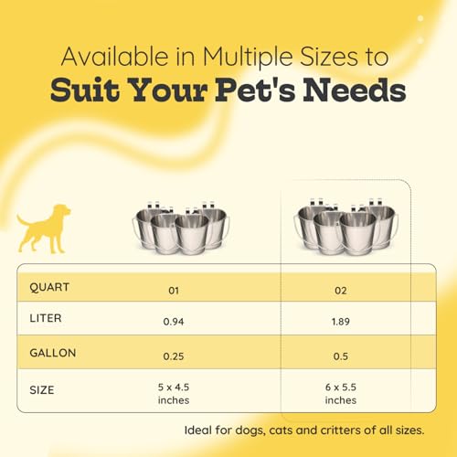 2 Quart Stainless Steel Flat Sided Bucket with Dual Hooks | 4 Pcs Durable Food & Water Bowl for Dog Cats Bird & Small Animals | Fits kennel Cage Crates Hanging Pet Pail | Multipurpose use - size: 2 Quart (Pack of 4)