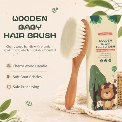 Wooden Baby Hair Brush, No Chemical Painting Infant Hair Brush | All Natural & Safe, Cherry Wood, Soft Goat Bristles, Wood Wax Oil, Prevent Cradle Cap, Exquisite Gift for New Parents