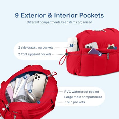 TOPDesign Travel Duffel Bag for Women, Puffer Gym Bag Sports Tote with Wet Pocket, Carry On Weekender with Luggage Sleeve (Red) - color: Red