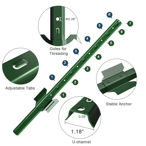 Amagabeli Heavy Duty Metal Fence Posts 4 Feet 10 Pack No Dig Garden U Post Stakes for Wire Fence Temporary Fencing Electric Fence Wire Safety Fence Mesh Fence Garden Fencing T Post for Yard Green - size: 4 Feet Post