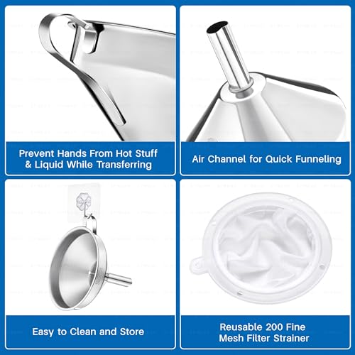 Kitchen Funnel with Strainer and 200 Fine Mesh Filter, 5 Inch Food Grade 18/8 Stainless Steel Fryer Oil Filter Funnel, Funnels for Kitchen use Filling Bottles, Cooking Oil Filter Strainer
