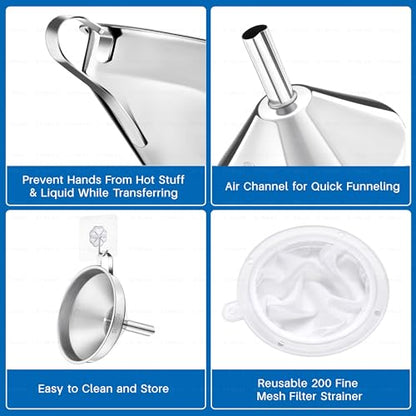 Kitchen Funnel with Strainer and 200 Fine Mesh Filter, 5 Inch Food Grade 18/8 Stainless Steel Fryer Oil Filter Funnel, Funnels for Kitchen use Filling Bottles, Cooking Oil Filter Strainer
