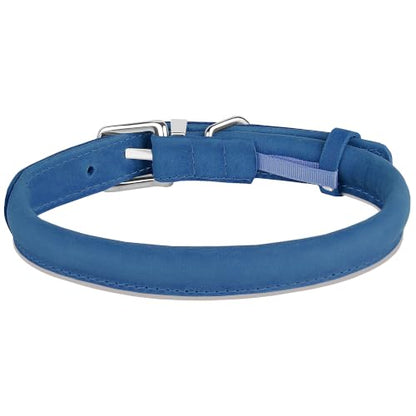 OOPSDOGGY Rolled Leather Dog Collar Reflective – Genuine Leather Round Dog Collar for Small Medium Large Dogs (Blue, 17" – 21") - color: Blue, size: 17" – 21"