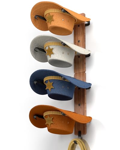 Midukit Cowboy Hat Rack for Wall, Cowboy Hat Holder for 4 with Hooks,Wooden Rustic Metal Hanger for Wall with Pine Board,Western Baseball Hat Rack Holder for Fedora, Sun Hats (4 Hats)