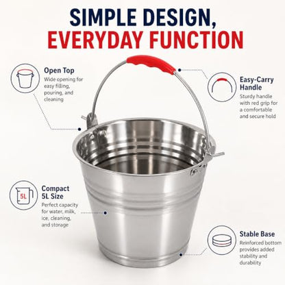 Healeved 5L Stainless Steel Bucket with Handle 9.4-Inch Round Pail