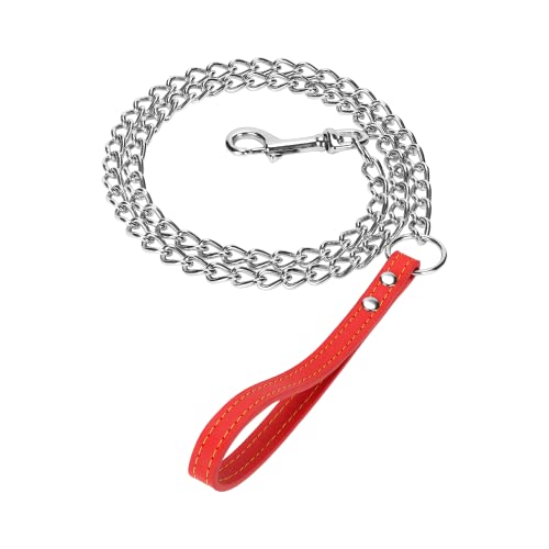 SGODA Chain Dog Leash with Leather Handle 4 Feet Red - color: Red