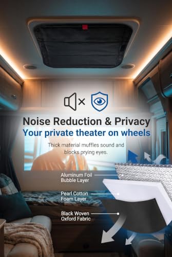 RV Skylight Cover, Reflective Aluminum Film Sun Shade Insulator, Oxford Cloth Foldable Magnet No Drill Roof Vent Blocker, Universal Camper Ceiling Window Screen for Most RVs (Black+Silver)