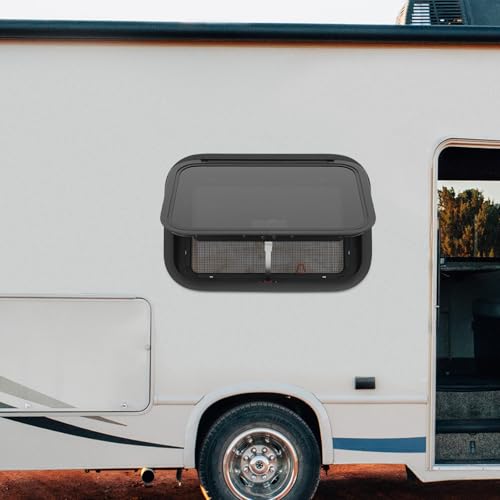 RV Exit Window W/ Trim Ring & Screen, Push Out Glass Camper Window – Tempered Glass/Aluminum Alloy, 22*15in Hole, 38mm Wall Thickness, Black for RV/Camper/Trailer Owners