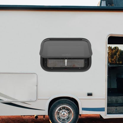 RV Exit Window W/ Trim Ring & Screen, Push Out Glass Camper Window – Tempered Glass/Aluminum Alloy, 22*15in Hole, 38mm Wall Thickness, Black for RV/Camper/Trailer Owners