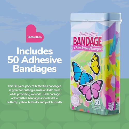 BioSwiss Bandages, Butterfly Shaped Self Adhesive Bandage Set, Latex Free, Sterile Wound Care, 50 Count - color: Butterflies, size: 50-Count Tin