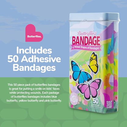 BioSwiss Bandages, Butterfly Shaped Self Adhesive Bandage Set, Latex Free, Sterile Wound Care, 50 Count - color: Butterflies, size: 50-Count Tin