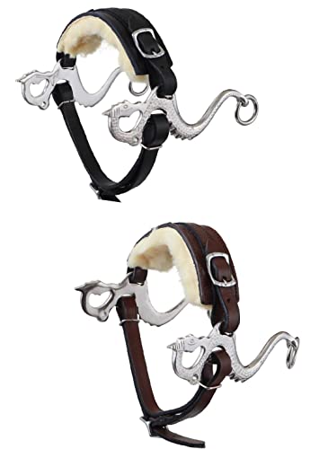 Black/Brown Dragon Style Hackamore Bitless Horse Bit English Western Adjustable Padded Fur Original Leather Bridle Equestrian Tack (Black)