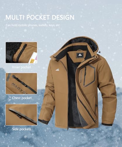 Men's Mountain Ski Jacket Winter Snow Coats Waterproof Warm Fleece Lining Jacket Parka with Hooded - color: Brown, size: Small