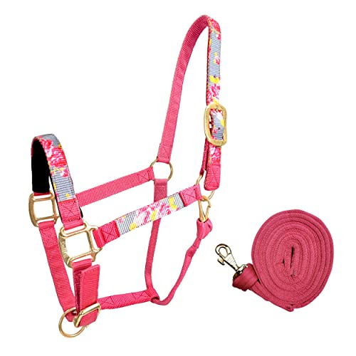 Patterned Nylon Adjustable Horse Halters with Padded Noseband and Matching 10’ Soft Grip Lead Rope with one Year Warranty - color: Grey Floral and Hot Pink