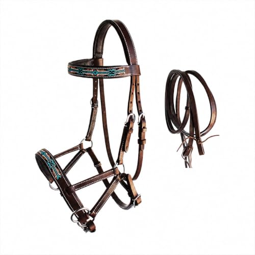 Horse Western English Leather Bitless Sidepull Bridle w/ Split Reins 77RS10 - color: Brown/Beaded