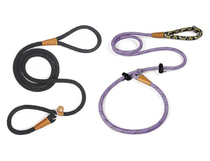 lynxking Dog Leash 1/2in x 5ft Slip Lead Black and 1/2in x 6ft Slip Lead Reflective Purple,2 Pack