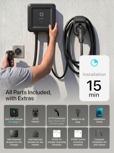EVIQO Level 2 EV Charger J1772 40A NEMA 14-50 - 240V Wall Charging Station | Plug in, up to 40 mph, 25ft Cable, WiFi (2.4GHz), Smart App, Weatherproof Indoor/Outdoor (IP66, NEMA 4), UL & ETL Certified - size: 40
