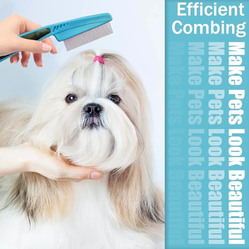 Bestac Pet Grooming Stainless Steel Flea Lice Comb Tear Stain Remover & Dematting Tool Rounded Teeth for Small, Medium, Large Dogs & Cats (Blue)