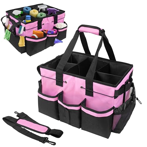 ZKOO Large Cleaning Caddy Bag with Handle, Built-in Sturdy Support Board, Adjustable Shoulder Strap, Multi-compartment Design Cleaning Supply Tote for Cleaners & Housekeepers (Pink) - color: Pink