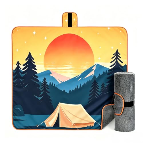 Tirrinia Waterproof Outdoor Blanket with Sherpa Lining, Windproof Foldable - color: Orange Sun, size: 51” x 59”