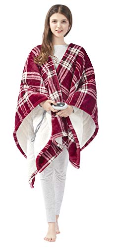 Beautyrest Wearable Electric Poncho Wrap Blanket, Ultra Soft Sherpa & Berber Fleece Heated Throw, UL Certified & OEKO-TEX, 3 Heat Settings & 2 Hour Auto Shutoff, Gift-Ready, 50" x 64", Red Plaid - color: Red Plaid, size: 50 in x 64 in