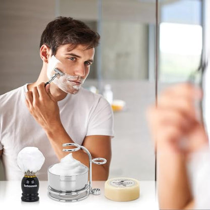 5 In 1 Manual Shaving Kit For Men Includes Badger Hair Shaving Brushes Set, Double Edge Safety Razor, Stainless Steel Shaving Bowl&Stand and Goat Milk Shaving Soap - color: Black Handle