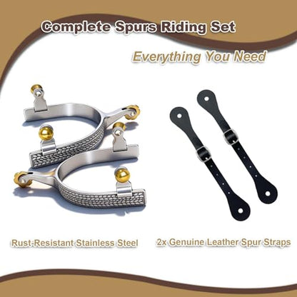 Professional Horse Spurs for Men & Women | Stainless Steel, Roller & Wheat Engraving, Includes 2 Leather Straps, English Western Riding, Equestrian Training Gear