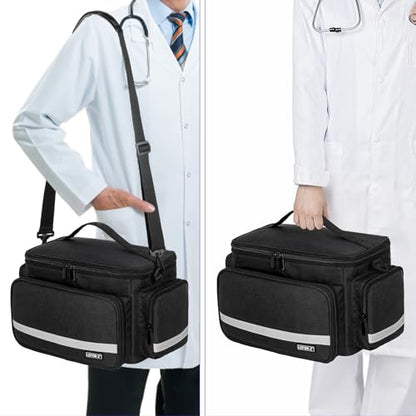 LEFOR·Z Small Medical Bag,First Aid Bag Empty,Home Health Nurse Storage,Pill Bottle Organizer Box,Emergency Medical Supplies Tote with Detachable Divider for Home,Travel(11.75 x 7.6 x 8 inch) - style: Black-small