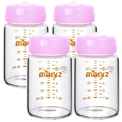 Matyz 4-Pack Breast Milk Collection Bottles (Pink, 6 Oz Each) - No BPA Glass Milk Storage Bottles with Lids - Suitable for Philips Avent & Medela Spectra Pumps - color: [Pack of 4] Pink Lid - 6 Ounce Clear Borosilicate GLASS Bottle