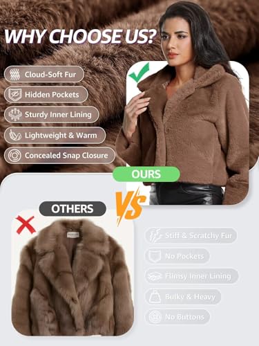 Women's Cropped Faux Fur Jacket with Hidden Pockets and Buttons Plush Shawl Collar Cardigan Sexy Coat - color: Brown, size: Large