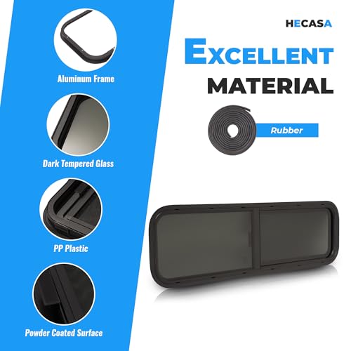 HECASA Universal 42" W X 12" H RV Window Horizontal Slide W/Trim Ring and Net Screen Side Window Tinted Tempered Glass Fit for Teardrop Cargo Trailer, Camper, Van, Truck - size: 42" W x 12" H